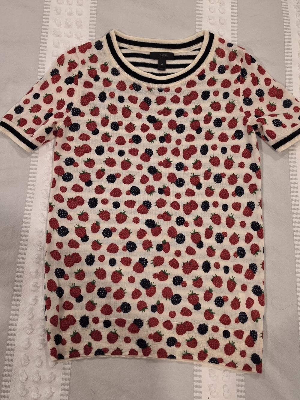 J. Crew Cream Short-Sleeve Berry-Print Knit Tee 100% Merino Wool